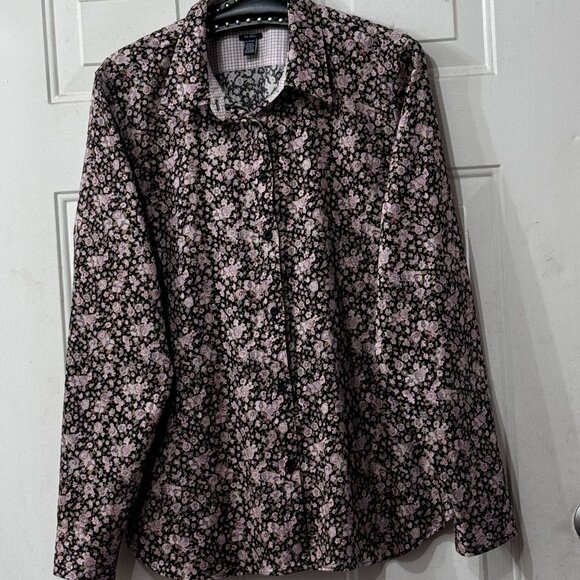 Chaps No-Iron Sz XL Blouse Button Up Long Sleeve Black/Multi Floral - Picture 1 of 10